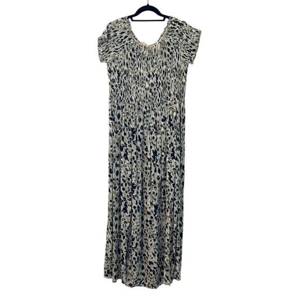 Mystree Womens Animal Print Smocked Slit Summer Maxi Dress Black Green Large